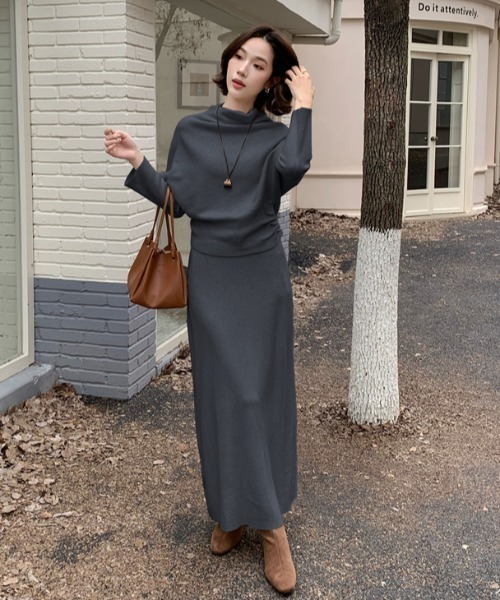 Aelina セットアップ シンプルトップスハイウエストロングスカート