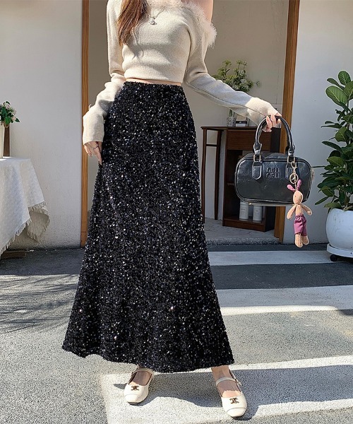 ロング スカート スパンコールデザインフレアスカート : ZOZOTOWN