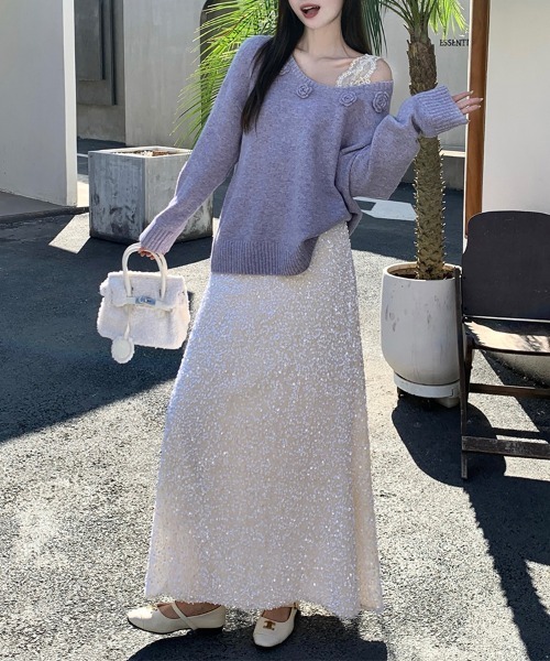 フレアスカート ライトグレー スパンコール スカート スパンコールデザインフレアスカート : ZOZOTOWN Yahoo!店