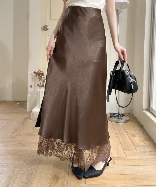 Ada. ロング スカート 裾レース サテン ロング Aライン スカート