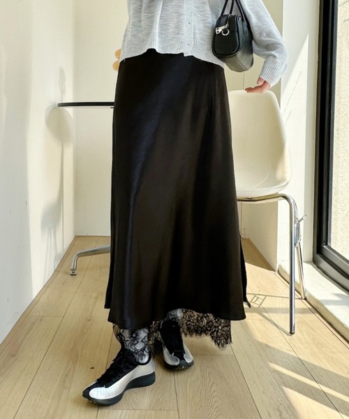 Ada. ロング スカート 裾レース サテン ロング Aライン スカート