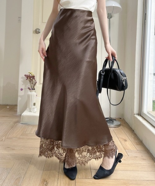 Ada. ロング スカート 裾レース サテン ロング Aライン スカート