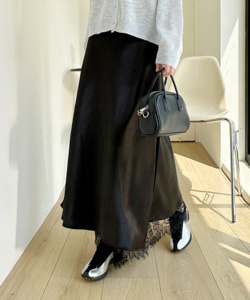 Ada. ロング スカート 裾レース サテン ロング Aライン スカート