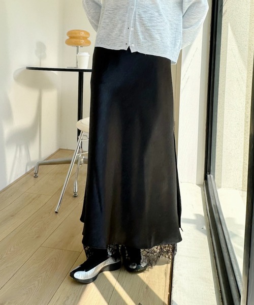 【美品】ADEAM アディアム 定価12万 レース ロングスカート サイズ2 Ada. ロング スカート 裾レース サテン ロング Aライン スカート