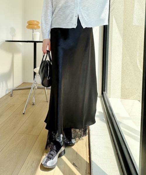 Ada. ロング スカート 裾レース サテン ロング Aライン スカート