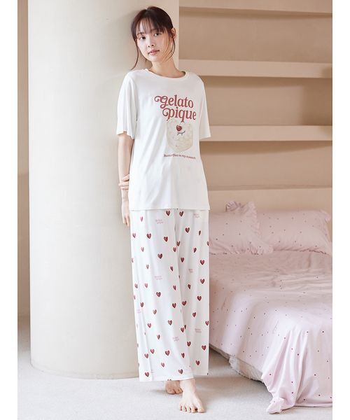 パジャマ ルームウェア 「接触冷感」ハート柄ロングパンツ レディースの画像