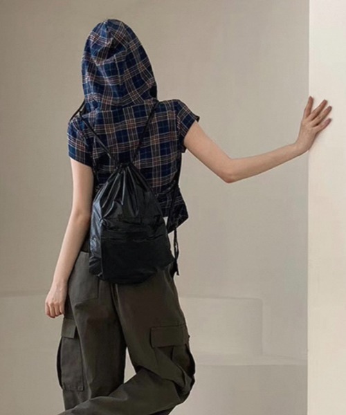 Lis ardent ブラウス シャツ チェック柄フード付ベスト風半袖シャツ