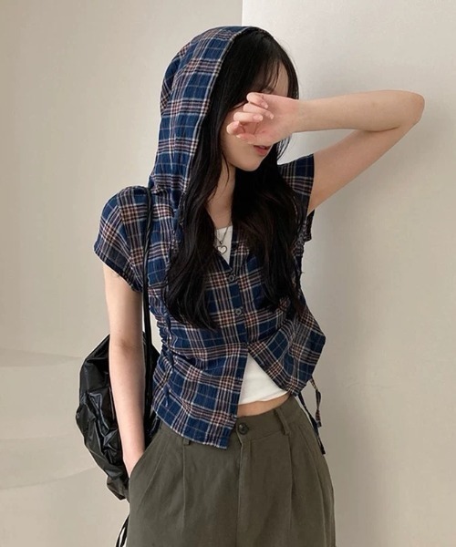 Lis ardent ブラウス シャツ チェック柄フード付ベスト風半袖シャツ