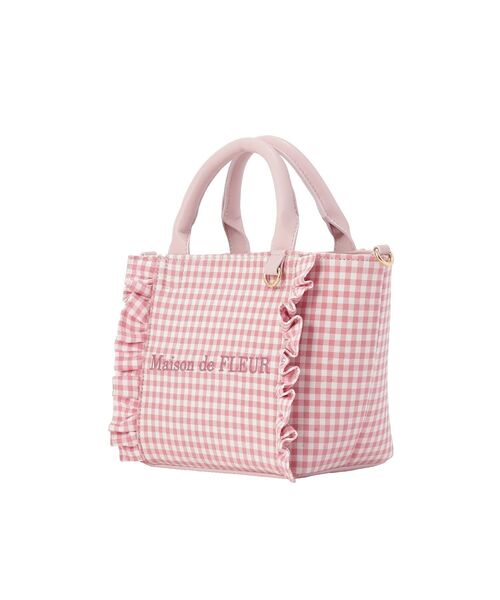 maison de FLEUR ギンガムチェックフリルトートバッグ　ピンク 上品に持ちやすい大人可愛いギンガムチェックシリーズが登場