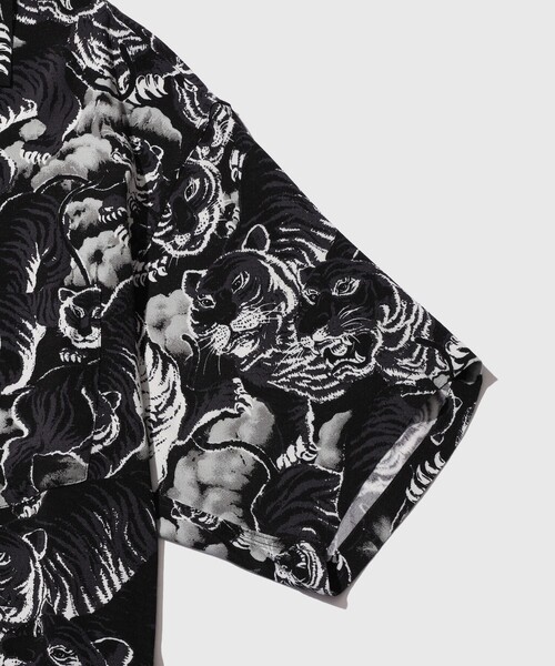 アロハシャツ シャツ BLACK ALOHA レーヨンチリメンオープンカラーシャツ メンズの画像