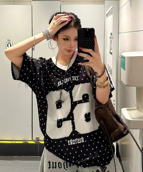 tシャツ 半袖 ドット柄ナンバリングオーバースポーツ T シャツ