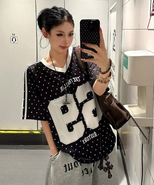 tシャツ 半袖 ドット柄ナンバリングオーバースポーツ T シャツ
