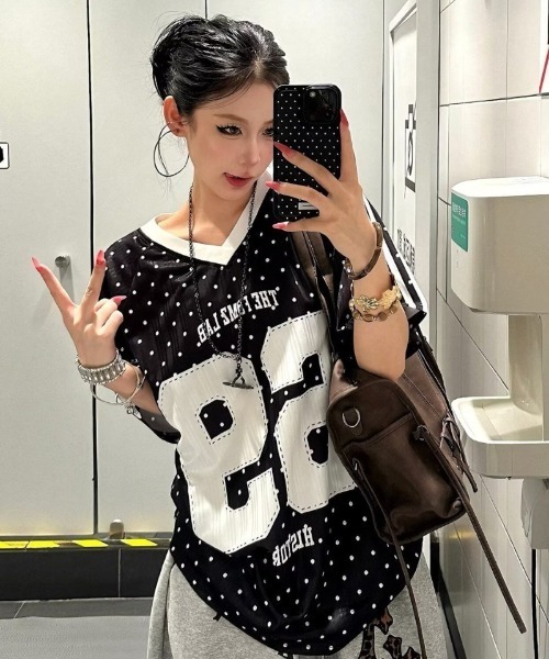 tシャツ 半袖 ドット柄ナンバリングオーバースポーツ T シャツ