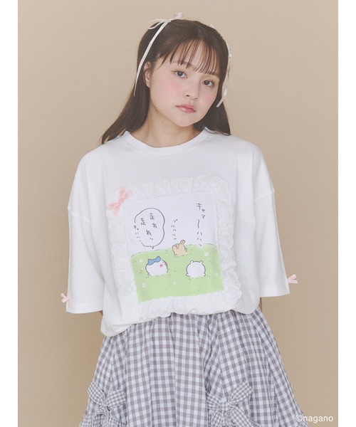 merry jenny ✕ちいかわ コラボレース付きプリント Tシャツ ブルー