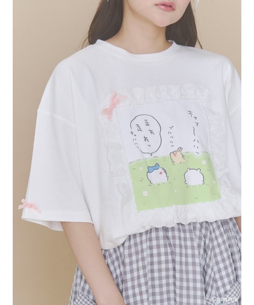 merry jenny ちいかわ コラボレース付きプリント Tシャツ ホワイト merry jenny（メリージェニー） tシャツ 半袖 ちいかわフリルTee