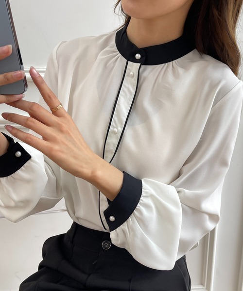 カーディガン　バイカラーブラウス　ジャケット　ブラウス　オフィスブラウス SUIT SQUARE 【スーツスクエア】バイカラー ブラウス レディース