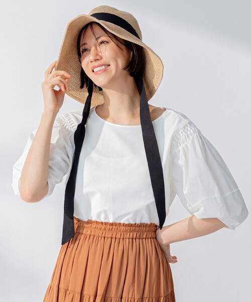 tシャツ 「洗える」コンビネーションシャーティング パフスリーブ カットソー レディース