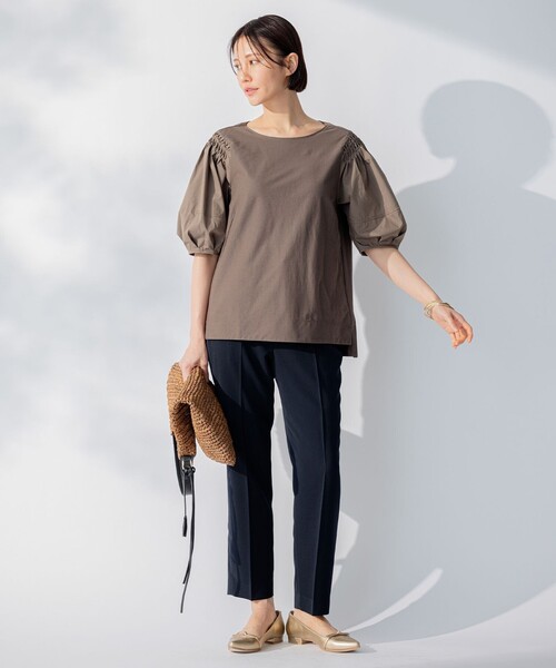 tシャツ 「洗える」コンビネーションシャーティング パフスリーブ カットソー レディース 自由区 tシャツ 「洗える」コンビネーションシャーティング
