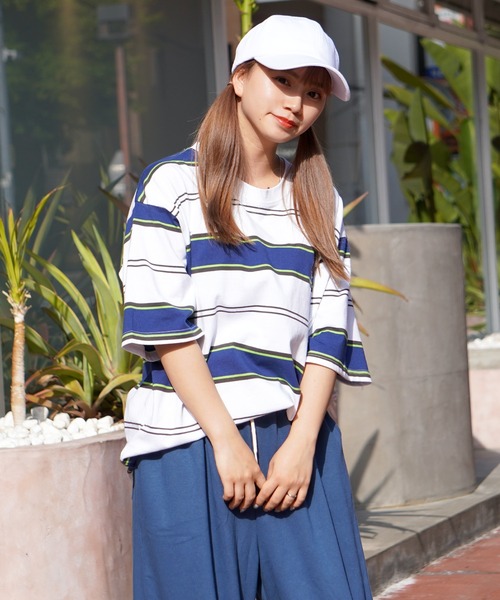 tシャツ マルチボーダー ワンポイント刺繍 Tシャツ / Multi