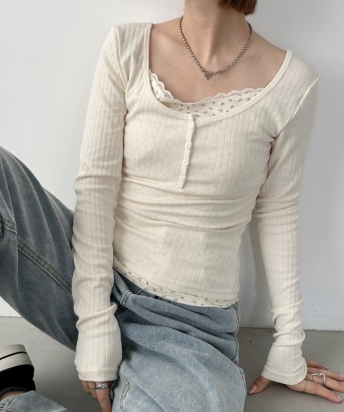 CLEA tシャツ フラワー柄レイヤードコンパクトトップス レディース