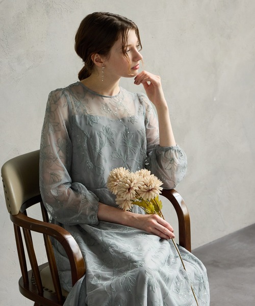 AIMER ドレス スパンコールフラワー刺繍ロングスリーブ