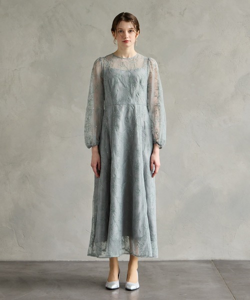 AIMER（エメ） ドレス スパンコールフラワー刺繍ロングスリーブ