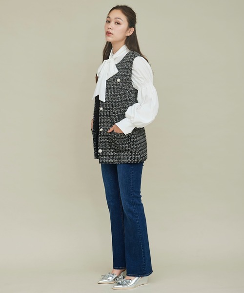 ☆即購入いただけます☆ウールパールジレ☆ Pierrot ベスト ジレ パールポケットノーカラージレ レディース