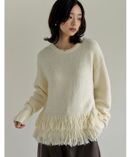 ニット セーター 「2024-25 WINTER COLLECTION」ブークレ裾フリンジニットトップス レディース