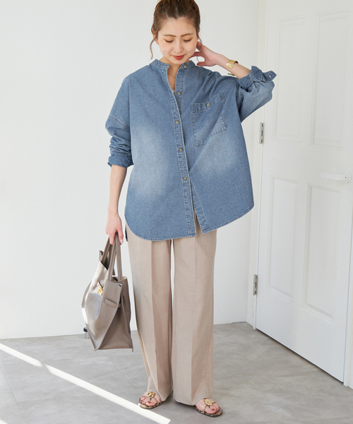 Spick and Span バンドカラーボックスダンガリーシャツ Spick＆Span ブラウス シャツ バンドカラーボックスダンガリー