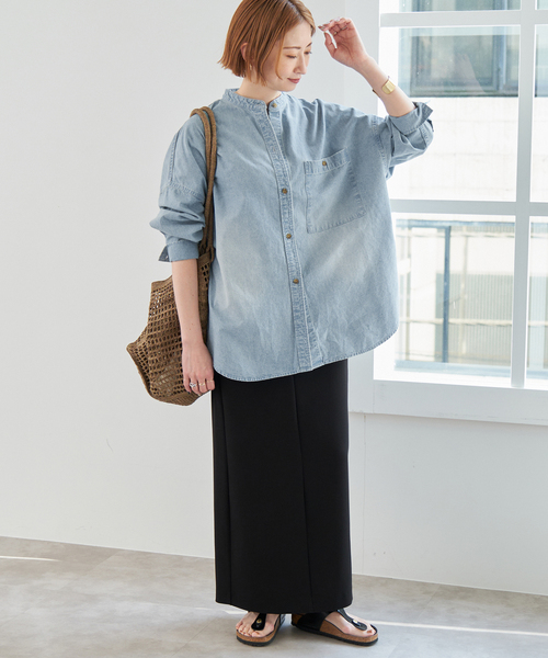 ブラウス シャツ ダンガリーバンドカラーシャツ レディース Spick＆Span ブラウス シャツ バンドカラーボックスダンガリー