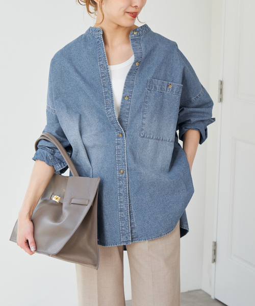 Spick＆Span ブラウス シャツ バンドカラーボックスダンガリー