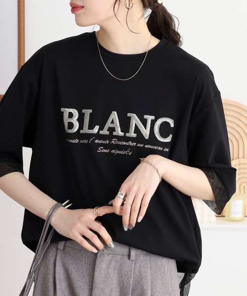 tシャツ EGLANTINE BLANC スパンコールロゴTシャツ メッシュ切り替えバックファスナー半袖カットソー レディース