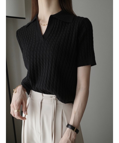 amel（エイメル） ニット セーター ケーブルラインポロニット/ブラック