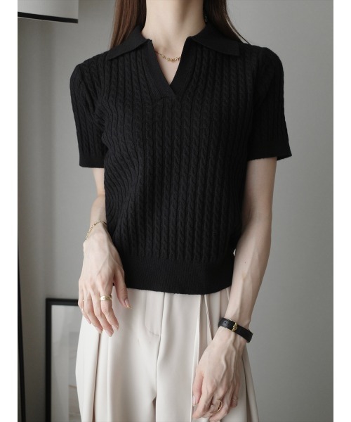 ブラック ケーブル編み ポロシャツ デューリリー Dewlily ケーブル編みポロシャツ風ニット レディース 10