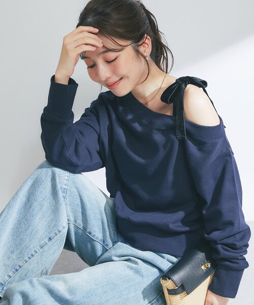 tシャツ 「オトナガーリー」ミニ裏毛オフショルリボンプルオーバー レディース