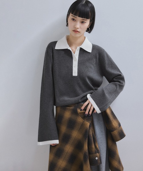 アダムエロペ　バイカラーポロニットプルオーバー　新品未使用　グレー ADAM ET ROPE'（アダムエロペ） ポロシャツ ポロ 「WEB限定