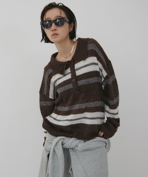 VION ニット セーター ルーズボーダーポロニット / Loose Border Polo