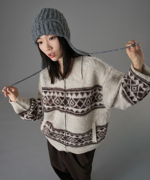 OzzOn hikozoh シャーリング ダブルジップ シースルーカーディガン ONCILY（オンシェリー） カーディガン ASSORT SHAGGY ZIP KNIT