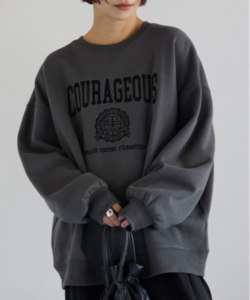 andper.se スウェット トレーナー グレー黒 ポケット トレーナー スウェット カレッジロゴ刺繍プルオーバー