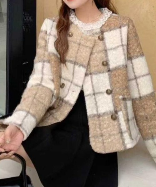 deux amour ジャケット ノーカラージャケット チェック柄Wボタンノー