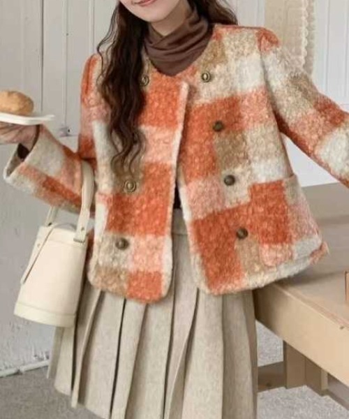 deux amour ジャケット ノーカラージャケット チェック柄Wボタンノー