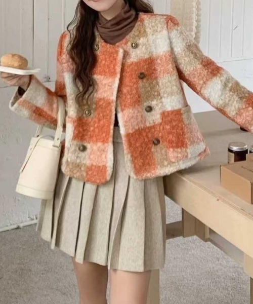 deux amour ジャケット ノーカラージャケット チェック柄Wボタンノー