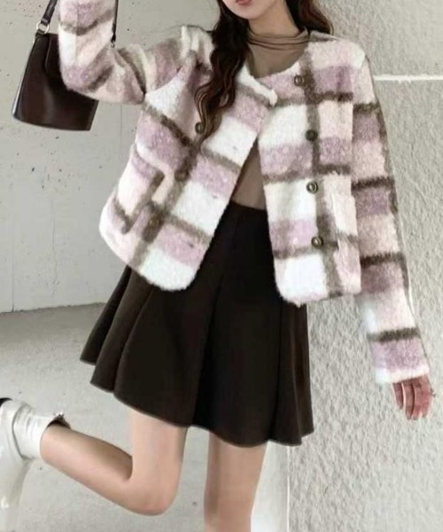 deux amour ジャケット ノーカラージャケット チェック柄Wボタンノー