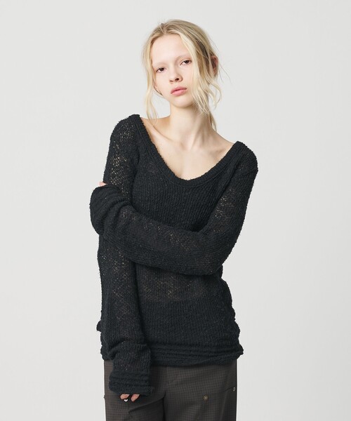 アメリヴィンテージ メディルーズメッシュフラワーニットトップス カットソー 黒 Ameri（アメリ）の「MEDI LOOSE MESH FLOWER KNIT TOPS（Tシャツ