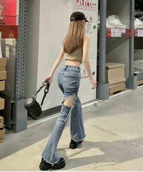 「almo」 ブーツカットデニムパンツ LARGE ブルー レディース_画像4