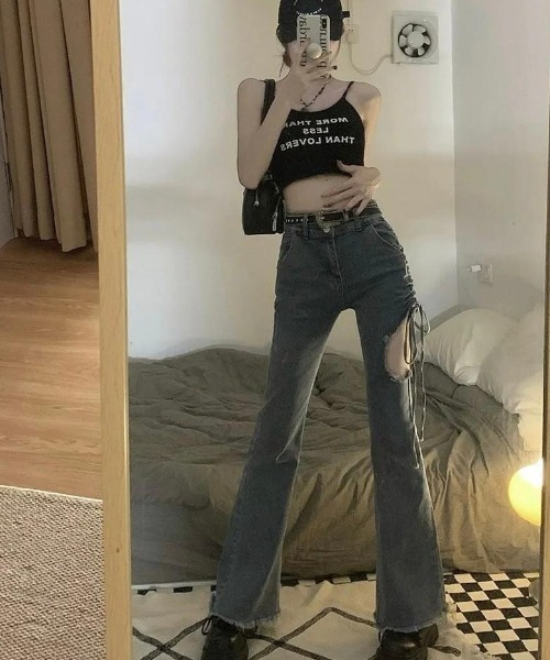 「almo」 ブーツカットデニムパンツ LARGE ブルー レディース_画像5