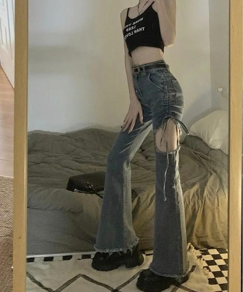 「almo」 ブーツカットデニムパンツ LARGE ブルー レディース_画像6