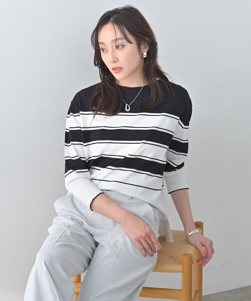 ニット セーター 「洗える/ゆったり」ボーダーボートネックニット レディースの画像