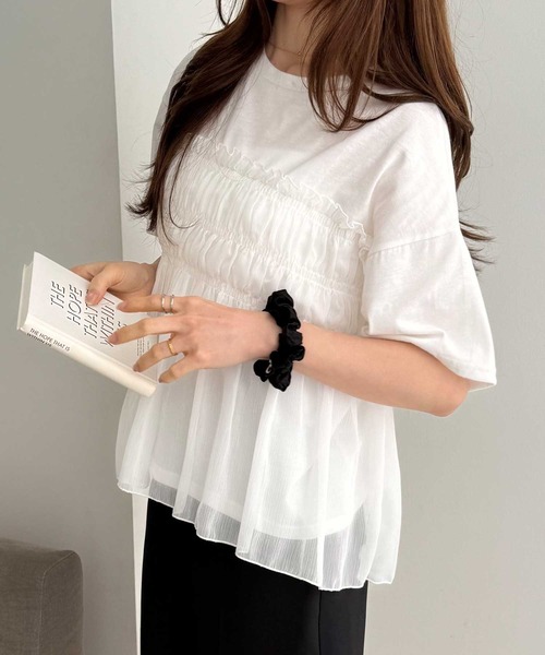 VIVIANO フリル付き半袖Tシャツ M ホワイト GeeRA（ジーラ） tシャツ 半袖 シアーシャーリングビスチェドッキング