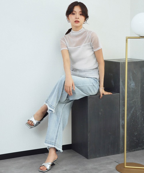 LOWO tシャツ 半袖 シアートップス ハイネック 半袖 ラメ シースルー